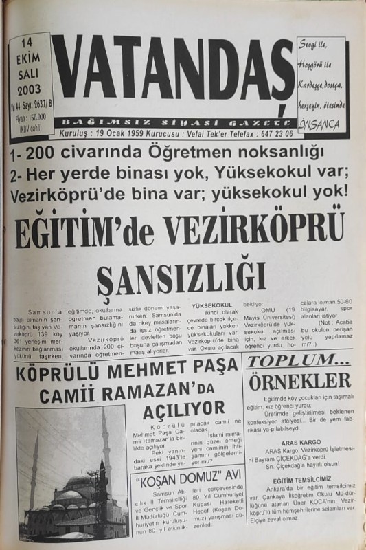 20 yıl önce Vezirköprü (14 Ekim 2003 Salı)