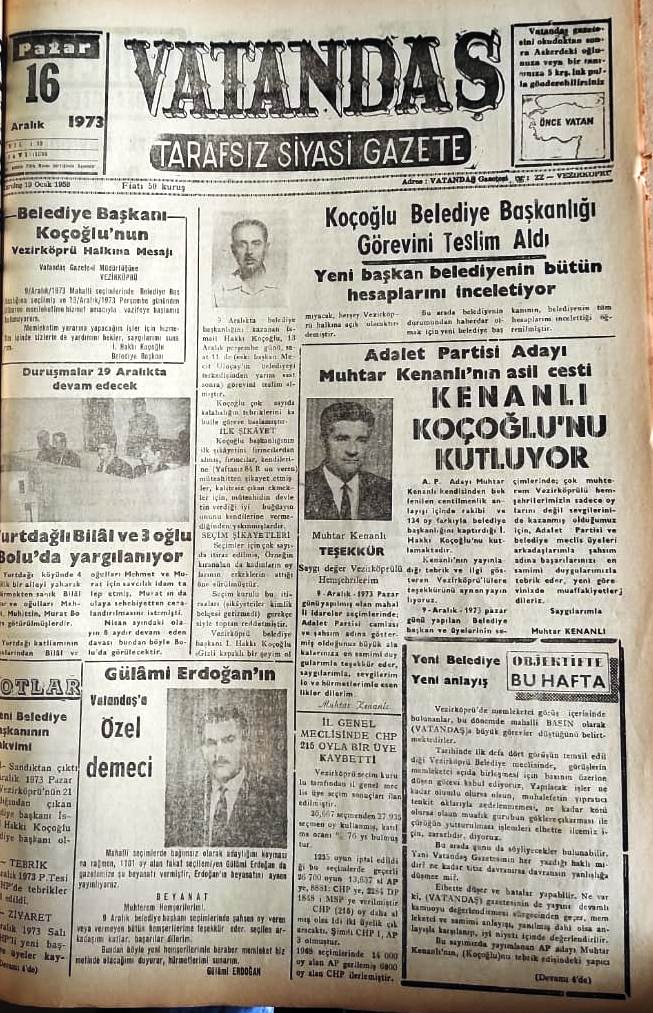 Koçoğlu Belediye Başkanlığı Görevini Teslim Aldı Yeni başkan belediyenin bütün hesaplarını inceletiyor 16 Aralık 1973 Pazar