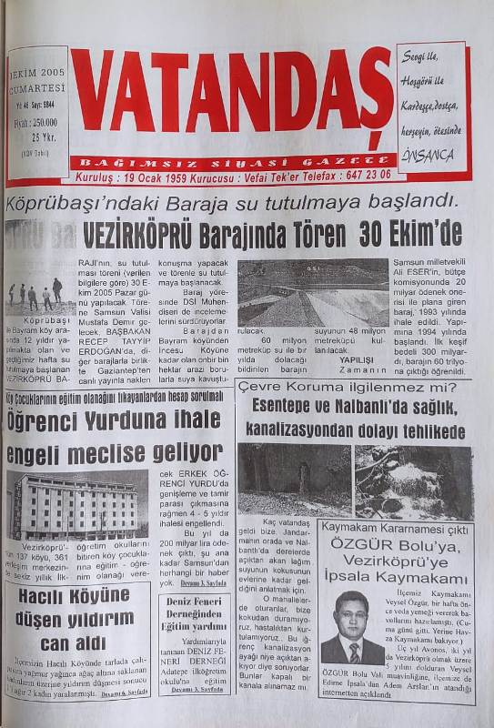 VEZİRKÖPRÜ Barajında Tören 30 Ekim’de