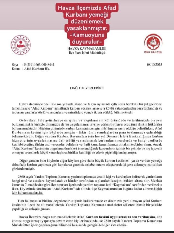 Havza’da AFAD Kurbanı yasaklandı